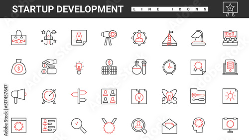 Business startup development thin red and black line icons set vector illustration. Abstract target marketing analysis and brainstorm, creative strategy, mindset and vision for product launch