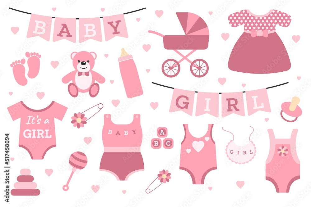 A set of stickers for the birth of a girl. Elements for designing postcards, posts, invitations.