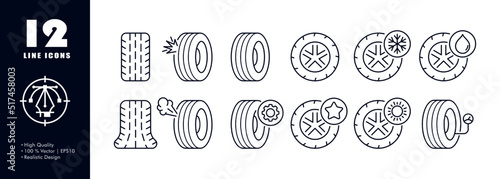 Car wheels set icon. Winter and summer tires, punch a wheel, repair, fix, gear, star, snowflake, sun, water drop, tire pressure, pump up. Car service concept. Vector line icon for Business