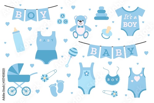 A set of stickers for the birth of a boy. Elements for designing postcards, posts, invitations.