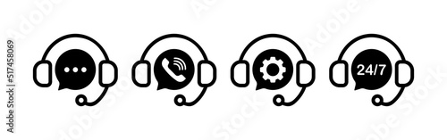Support service set icon. Call centre, speech bubble, phone, landline, gear, 24 7, around the clock, operator, twenty four seven, help. Hotline concept. Vector line icon for Business and Advertising