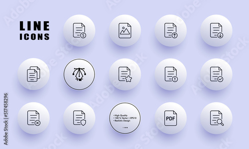 Digital documents set icon. Website buttons, dollar, picture, upload, download, star, checkmark, cross, portable format, magnifier. Business concept. Neomorphism style. Vector line icon for Business