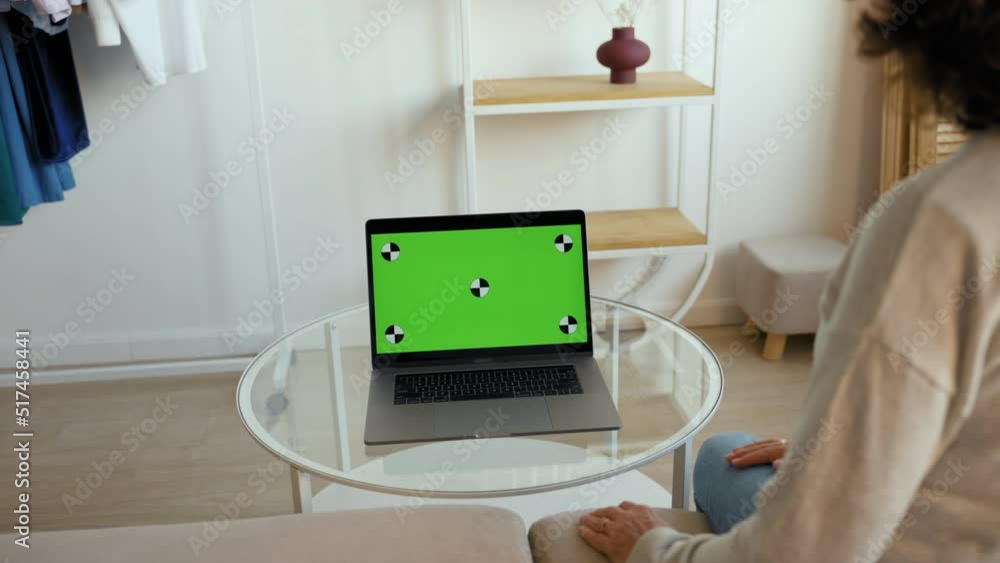 Vidéo Stock Senior woman sits on sofa watching show on laptop with