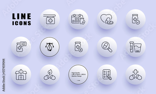 Medicines set icon. Drugstore signboard, schedule, calendar, heart, pills, prescription, magnifier, cross, leaf, eco. Healthcare concept. Neomorphism. Vector line icon for Business and Advertising