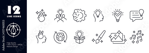 Creative thinking set icon. Snap of fingers, light bulb, brain, mind, gear, head, check mark, speech bubble, circle arrows, paint brush, photo, music. Occupation concept. Vector line icon for Business