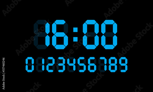 Digital watch with 4 pm vector illustration. 16, sixteen, four, planning, blue numbers, schedule, table, business, study. Time management concept. Vector line icon for Business and Advertising