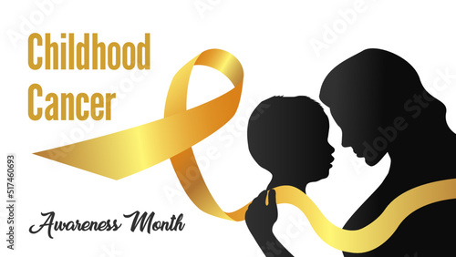 Vector illustration on the theme of Childhood Cancer awareness month observed each year during September with golden realistic ribbon and silhouette of a child and mother on background.