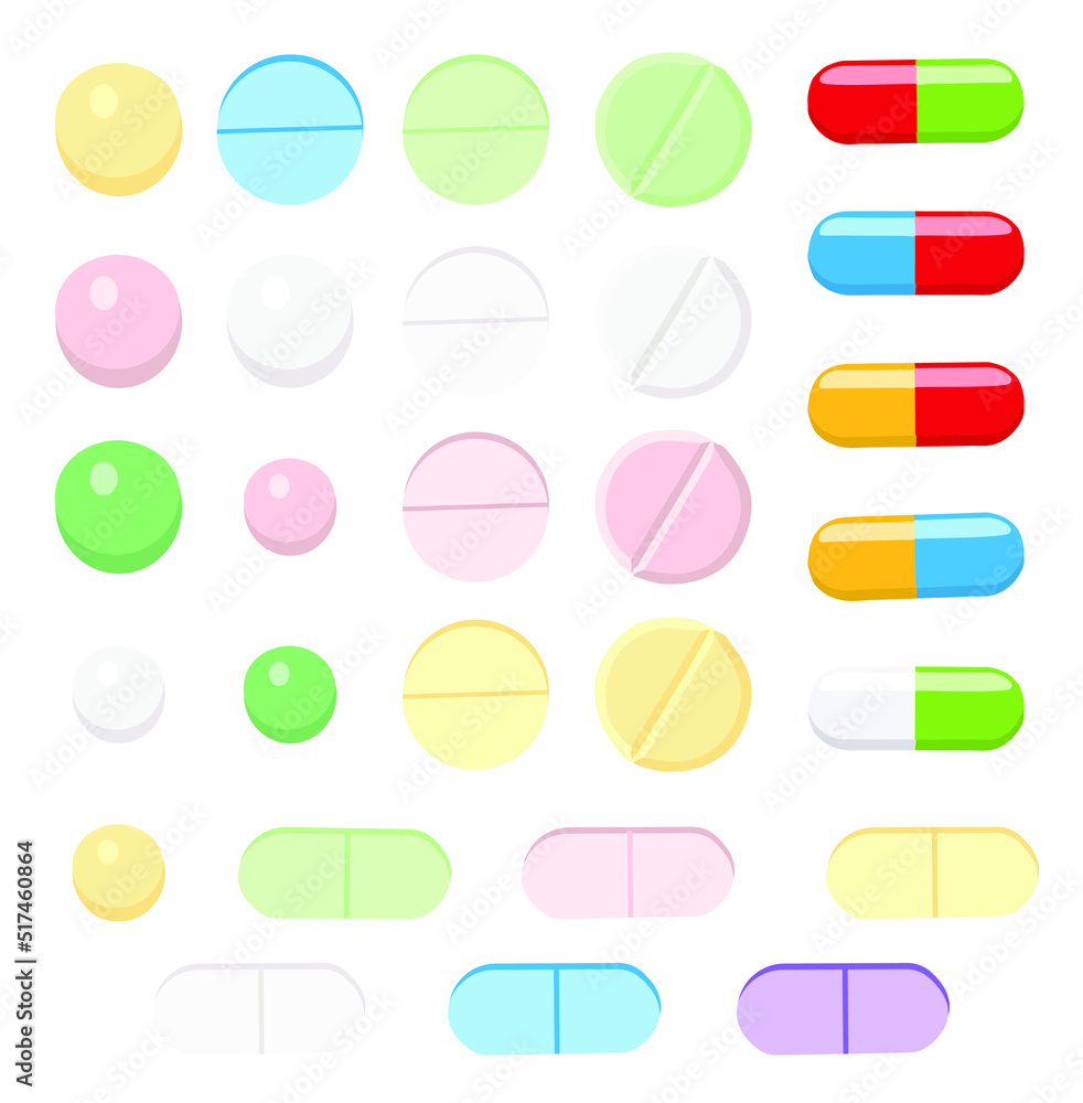 Set of drugs in different shapes and colors for illustration, advertising, logo