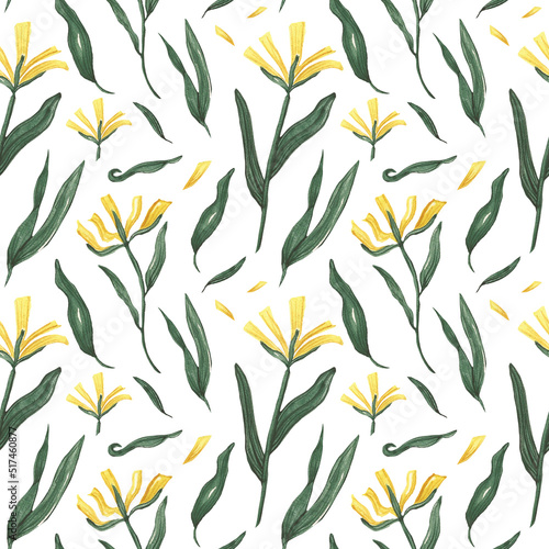 Watercolor seamless pattern with yellow flowers. Stylized crocuses on a white background. Yellow meadow flowers delicate illustration. Watercolor illustration for fabric, textile, wrapping paper.