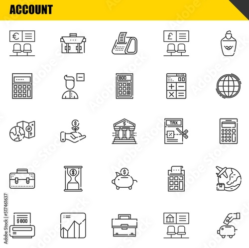 account vector line icons set. bank, bill and worldwide Icons. Thin line design. Modern outline graphic elements, simple stroke symbols stock illustration
