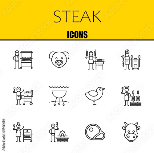 steak vector line icons set. burning grill, pig and shashlik Icons. Thin line design. Modern outline graphic elements, simple stroke symbols stock illustration