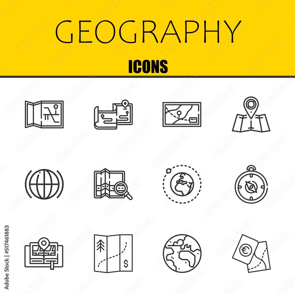 geography vector line icons set. map, maps and map Icons. Thin line design. Modern outline graphic elements, simple stroke symbols stock illustration geography vector line icons set. map, maps and map Icons. Thin line design. Modern outline graphic elements, simple stroke symbols stock illustration