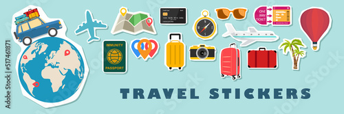 Set of Cute Travel Icon Patches and Sticker Collection. Vector illustration summer or autumn