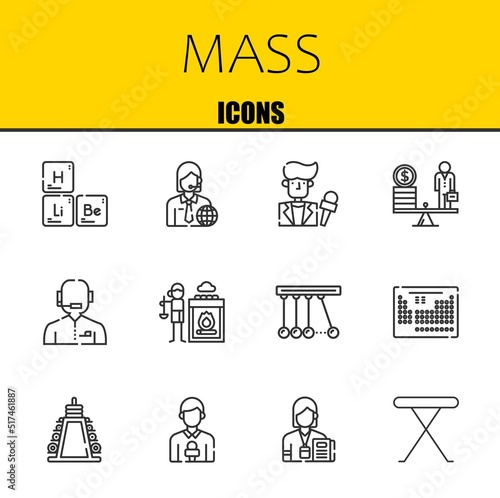 mass vector line icons set. periodic table, news reporter and news reporter Icons. Thin line design. Modern outline graphic elements, simple stroke symbols stock illustration