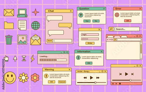 Vector set of retro vaporwave computer interface. Vintage browser and dialog window templates. Nostalgic OS. Retro icons.