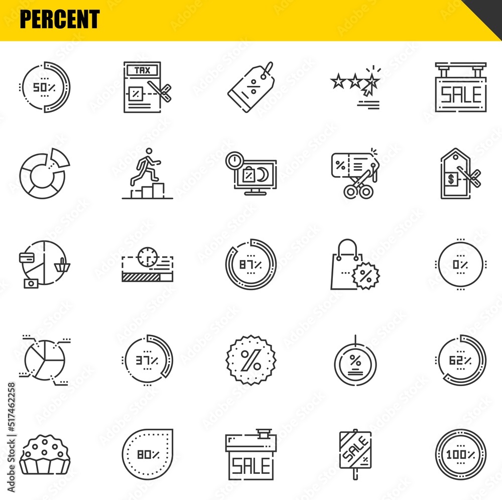 percent vector line icons set. percentage, pie and pie chart Icons. Thin line design. Modern outline graphic elements, simple stroke symbols stock illustration