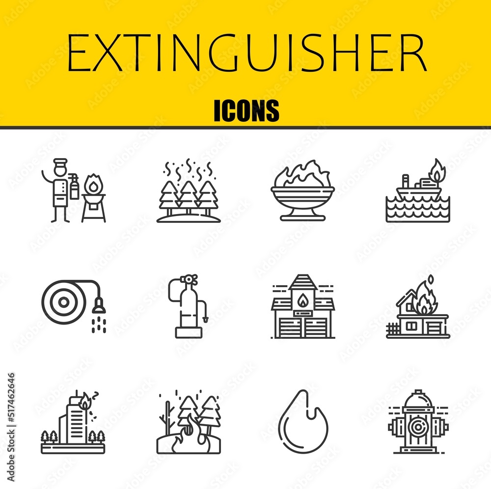 extinguisher vector line icons set. fire extinguisher, fire and fire Icons. Thin line design. Modern outline graphic elements, simple stroke symbols stock illustration