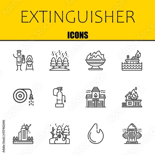 extinguisher vector line icons set. fire extinguisher, fire and fire Icons. Thin line design. Modern outline graphic elements, simple stroke symbols stock illustration