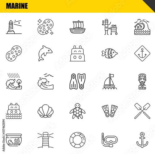 marine vector line icons set. lighthouse, fishbowl and tsunami Icons. Thin line design. Modern outline graphic elements, simple stroke symbols stock illustration