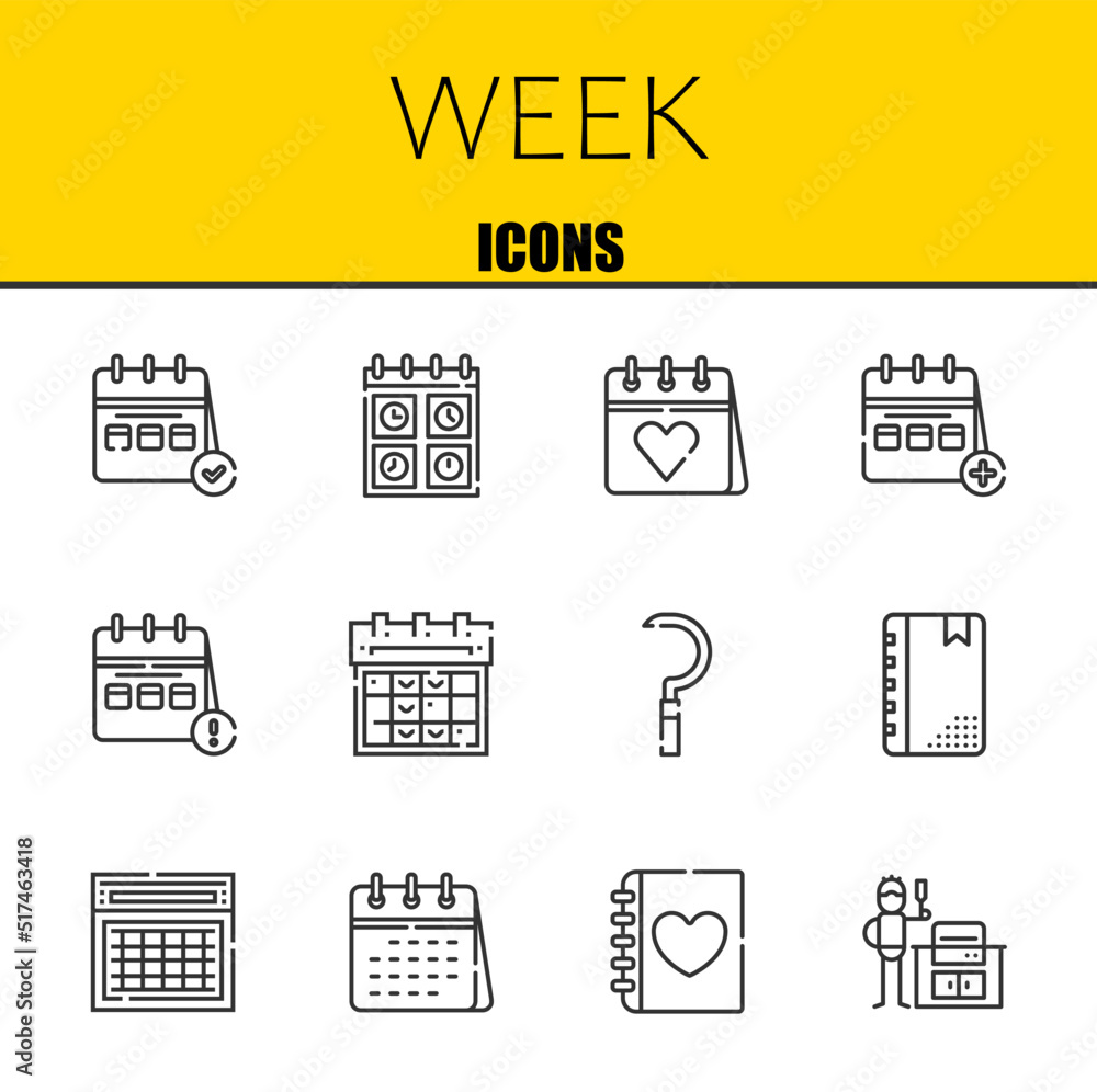 week vector line icons set. calendar, calendar and calendar Icons. Thin line design. Modern outline graphic elements, simple stroke symbols stock illustration