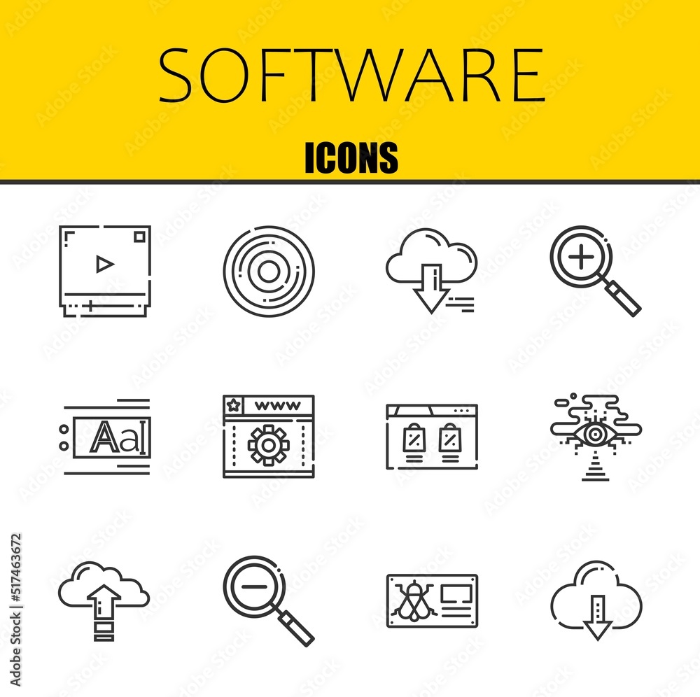software vector line icons set. video player, compact disc and server ...