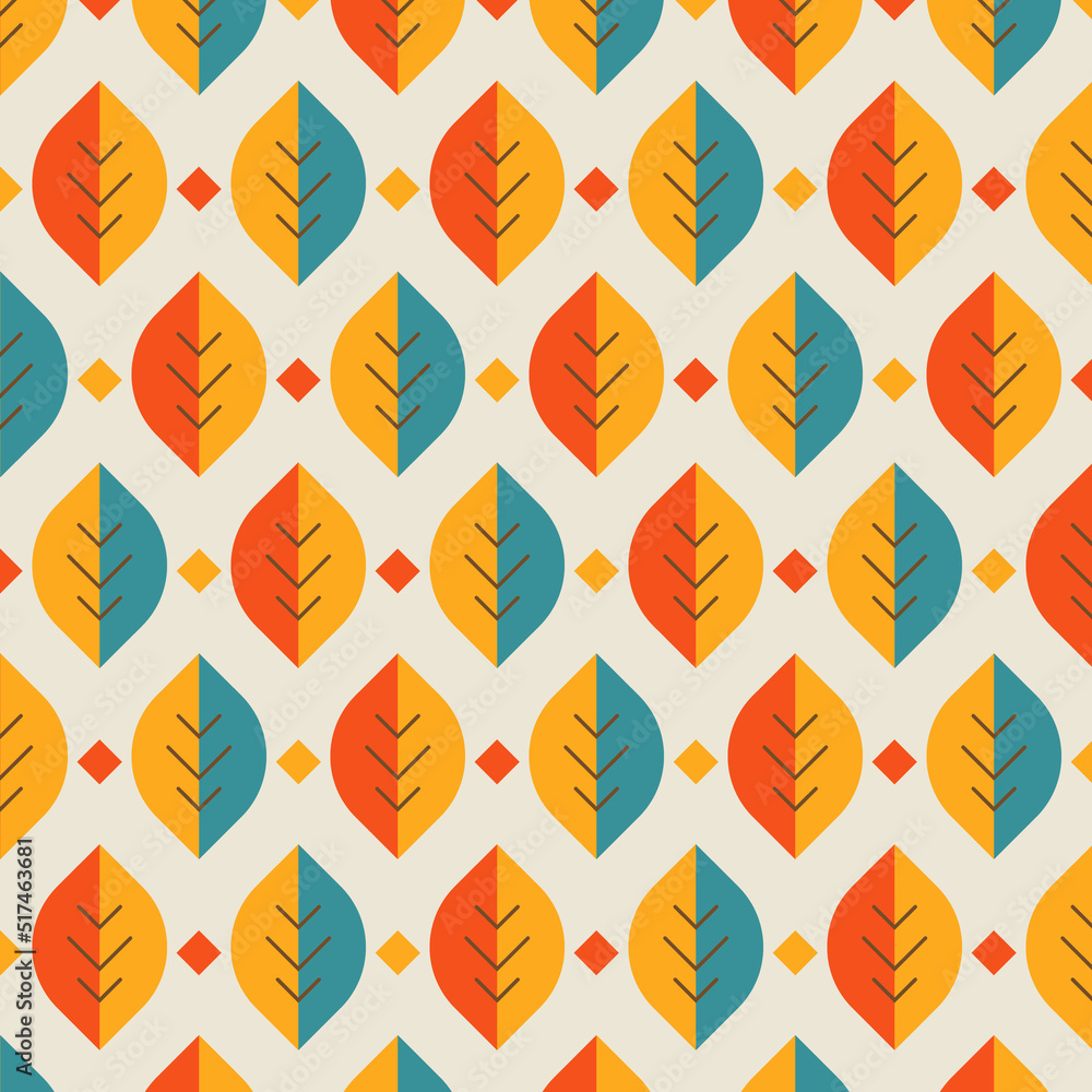 Mid century modern geometric leaves retro 70s seamless pattern. Floral organic background. For home décor, textile, wallpaper and wrapping paper