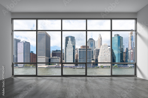 Downtown New York City Lower Manhattan Skyline Buildings. High Floor Window. Beautiful Expensive Real Estate. Empty room Interior Skyscrapers View Cityscape. Financial district. Day. 3d rendering.