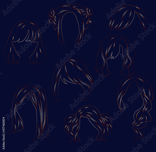 Bronze silhouettes of the contours of female hairstyles on a blue background