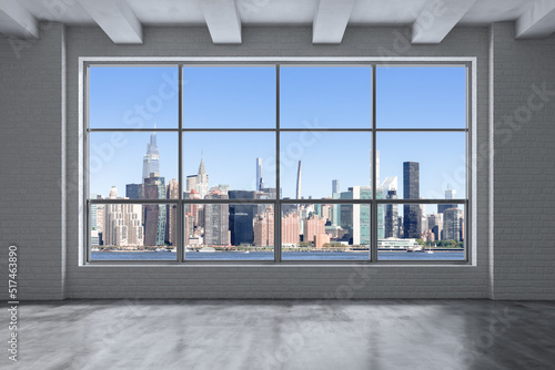 Midtown New York City Manhattan Skyline Buildings Window Background. Expensive Real Estate. Empty room Interior Skyscrapers View Cityscape. East Side United Nations Headquarters. 3d rendering