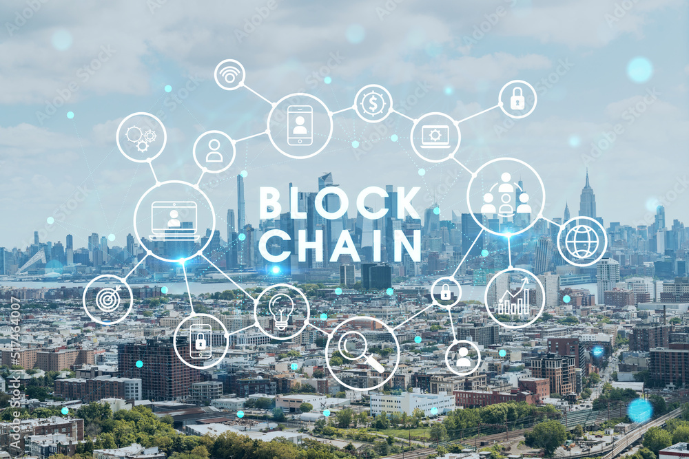 Fototapeta premium Aerial helicopter view of midtown New York City form Jersey City. Financial district and residential neighborhood. Decentralized economy. Blockchain, cryptography and cryptocurrency concept, hologram
