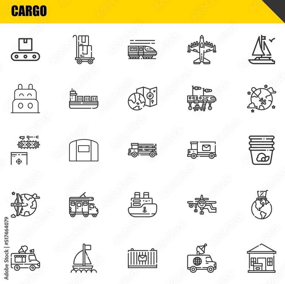 cargo vector line icons set. conveyor, ice cream truck and conveyor Icons. Thin line design. Modern outline graphic elements, simple stroke symbols stock illustration cargo vector line icons set. conveyor, ice cream truck and conveyor Icons. Thin line design. Modern outline graphic elements, simple stroke symbols stock illustration