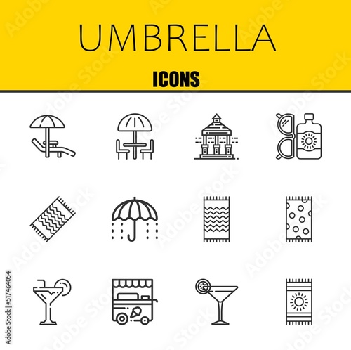 umbrella vector line icons set. sunbed, umbrella and veranda Icons. Thin line design. Modern outline graphic elements, simple stroke symbols stock illustration