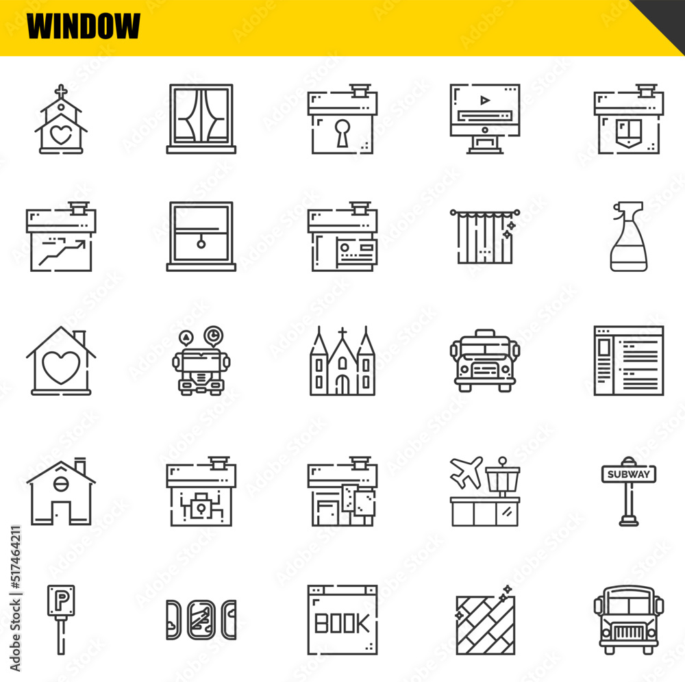 window vector line icons set. church, parking and house Icons. Thin line design. Modern outline graphic elements, simple stroke symbols stock illustration