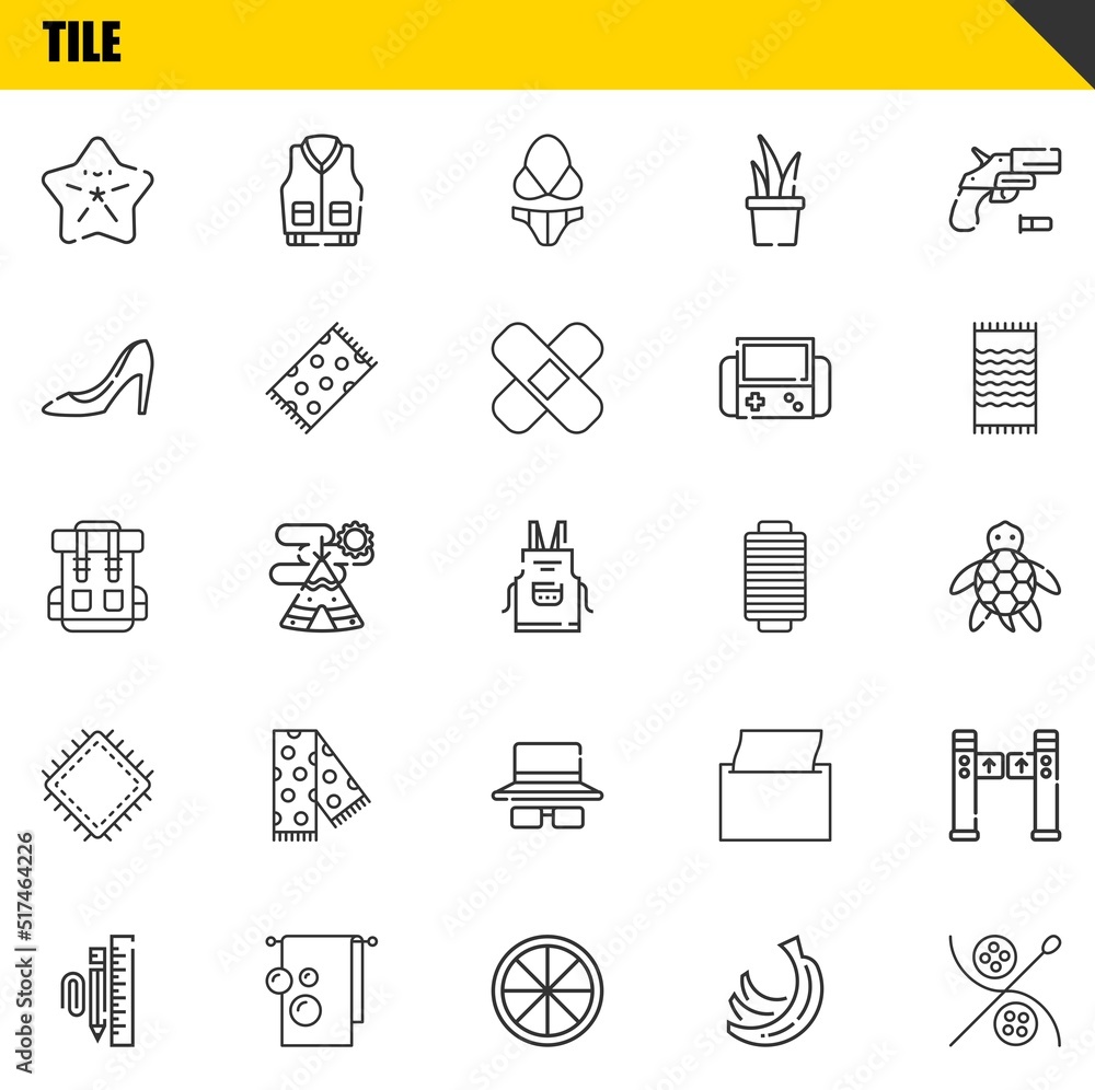 tile vector line icons set. starfish, stationary and rucksack Icons. Thin line design. Modern outline graphic elements, simple stroke symbols stock illustration tile vector line icons set. starfish, stationary and rucksack Icons. Thin line design. Modern outline graphic elements, simple stroke symbols stock illustration