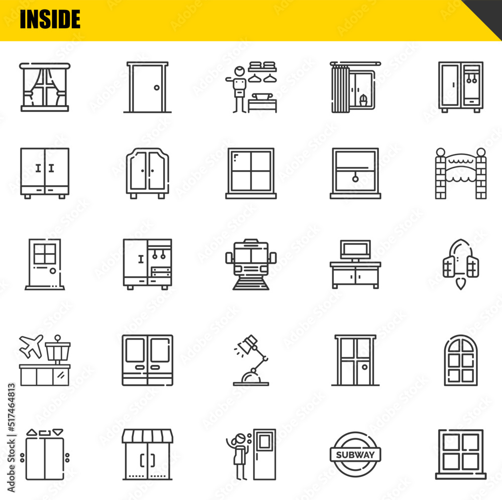 inside vector line icons set. window, elevator and door Icons. Thin line design. Modern outline graphic elements, simple stroke symbols stock illustration inside vector line icons set. window, elevator and door Icons. Thin line design. Modern outline graphic elements, simple stroke symbols stock illustration
