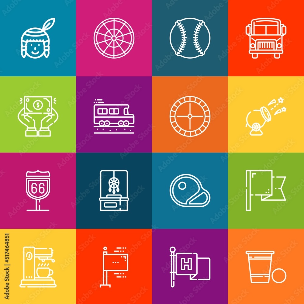 Modern thin line icons set of american elements. Premium quality outline symbol collection. Simple mono linear pictogram pack. Stroke vector logo concept for web graphics Modern thin line icons set of american elements. Premium quality outline symbol collection. Simple mono linear pictogram pack. Stroke vector logo concept for web graphics