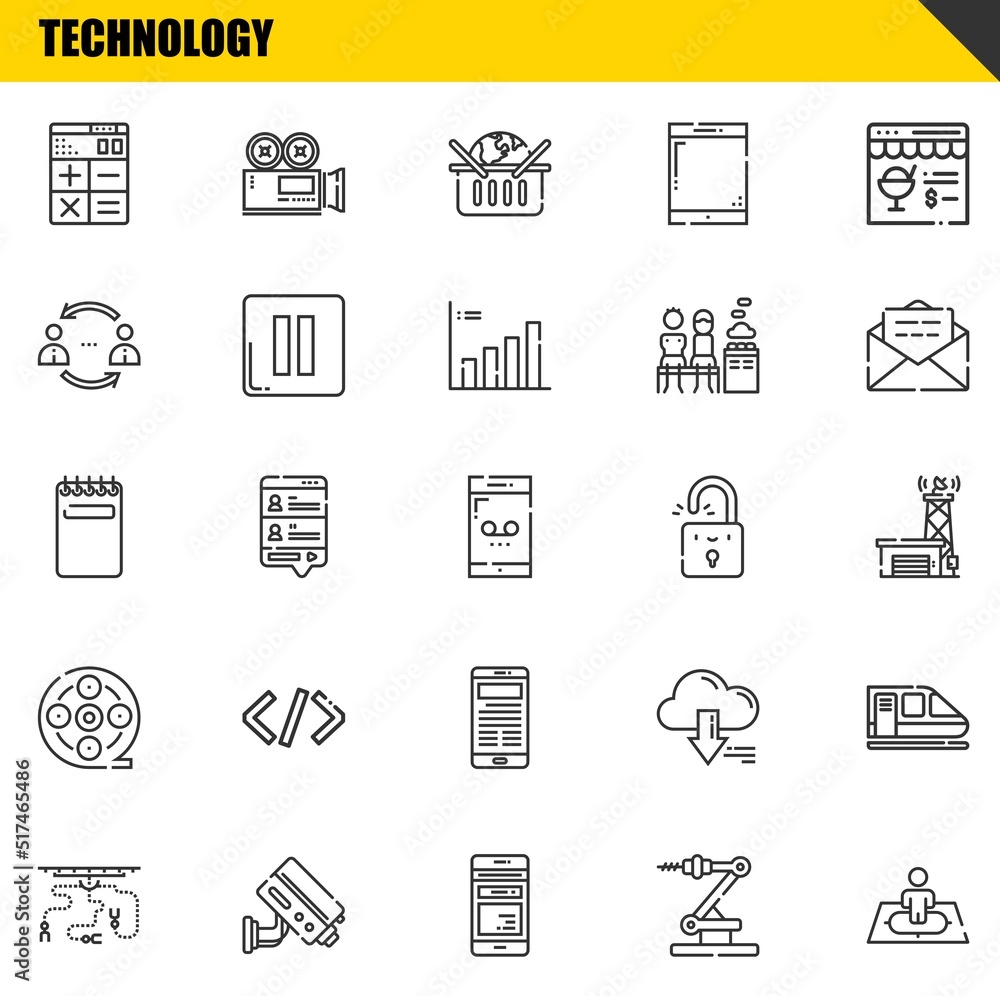 technology vector line icons set. calculator, industrial robot and notepad Icons. Thin line design. Modern outline graphic elements, simple stroke symbols stock illustration technology vector line icons set. calculator, industrial robot and notepad Icons. Thin line design. Modern outline graphic elements, simple stroke symbols stock illustration