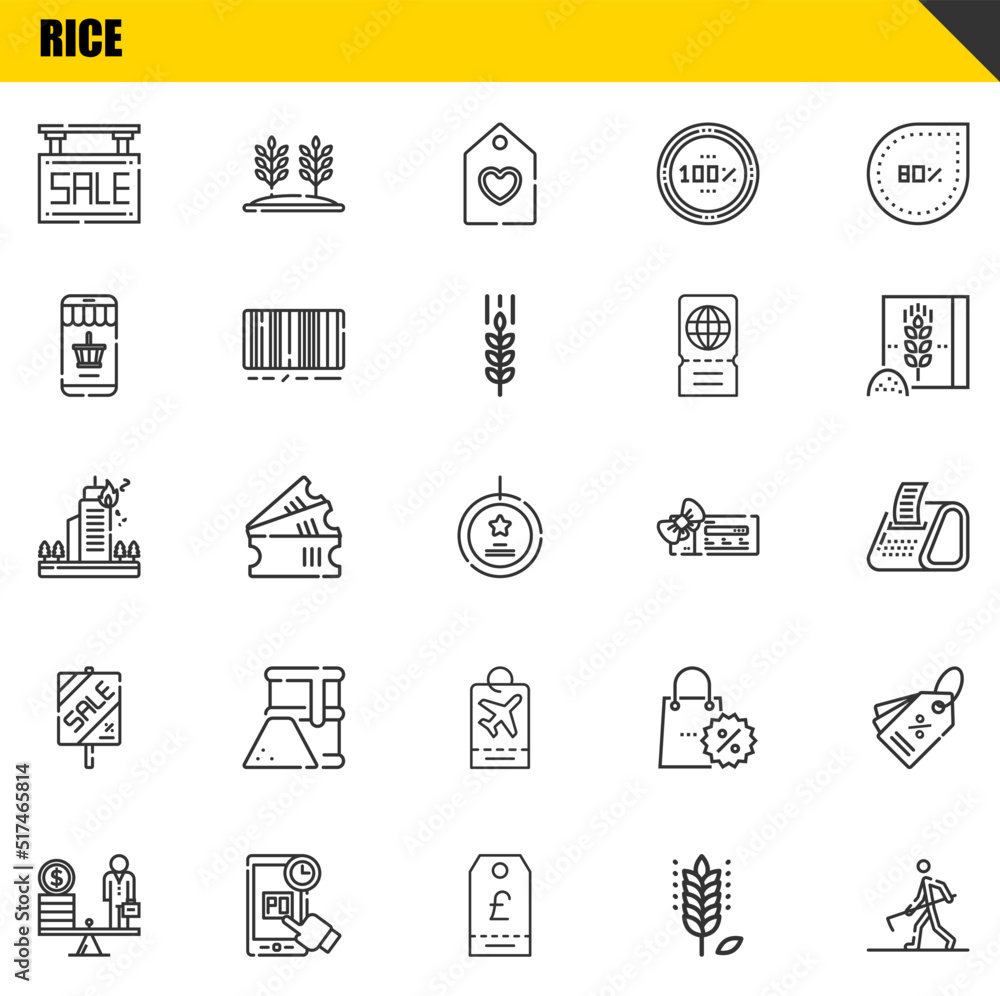 Selling Rice Icon rice vector line icons set. sale, scale and fire Icons. Thin line ...