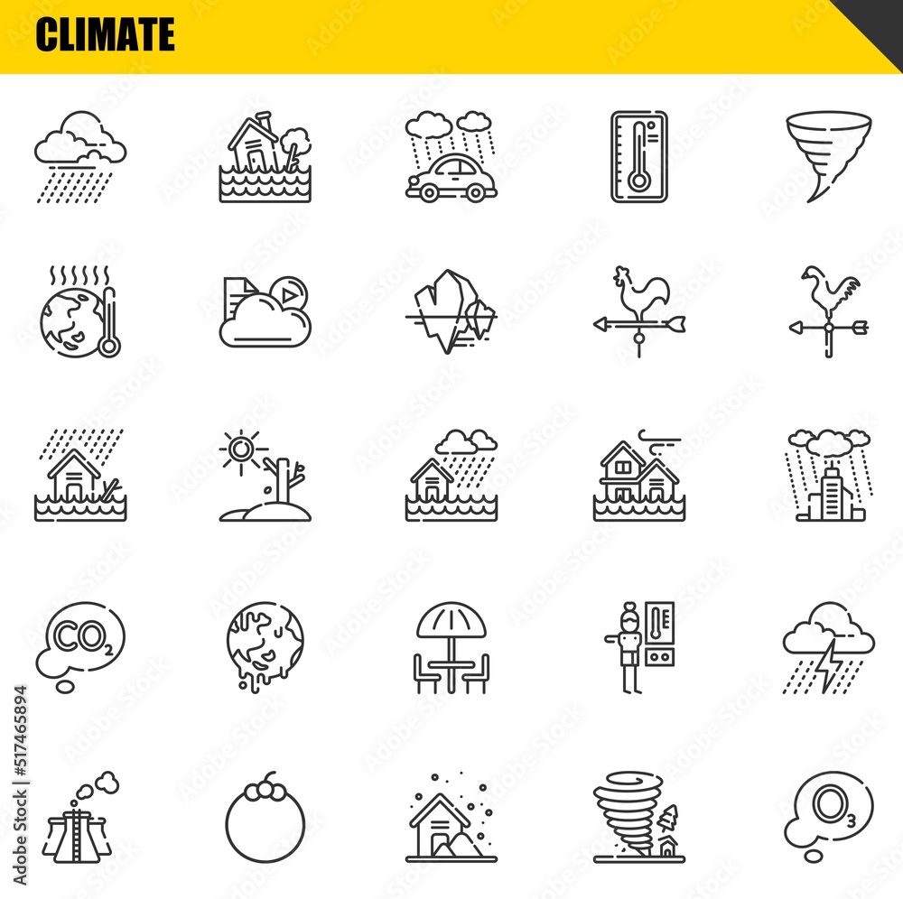 climate vector line icons set. storm, pollution and flood Icons. Thin line design. Modern outline graphic elements, simple stroke symbols stock illustration
