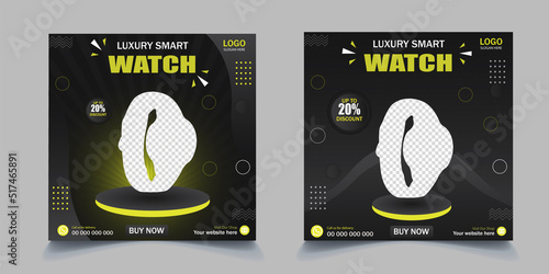 Smart watch social media post. Limited time offer smart watch mega sale. Wrist Watch sale discount template, Smart watch product post.