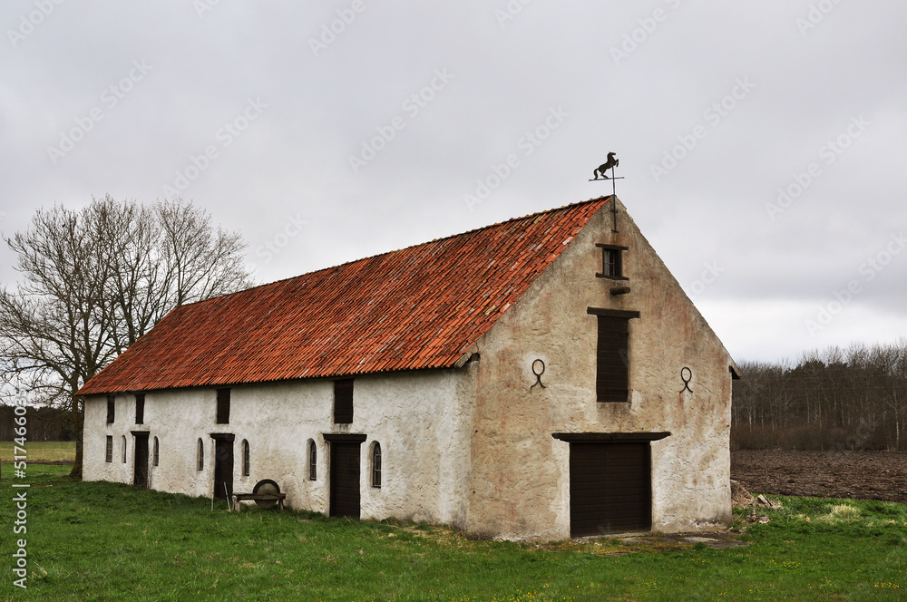 Fototapeta premium Old swedish barn with grass roof in Gotland, Sweden