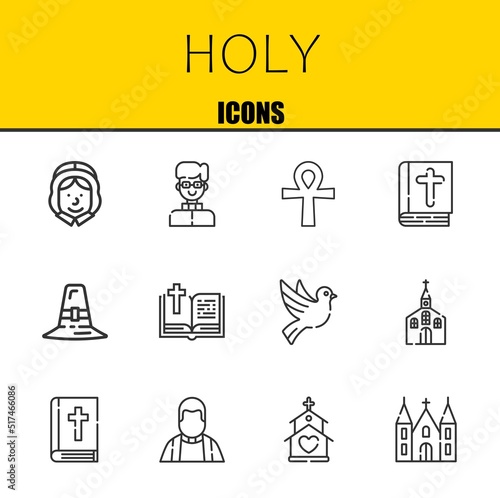 holy vector line icons set. pilgrim, priest and cross Icons. Thin line design. Modern outline graphic elements, simple stroke symbols stock illustration