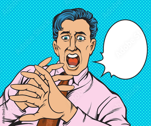 Young businessman shocked, scared, worried.hand drawn style vector design illustration.