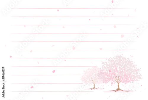 桜の木と桜の花びらが描かれた横書きの横用紙の便箋