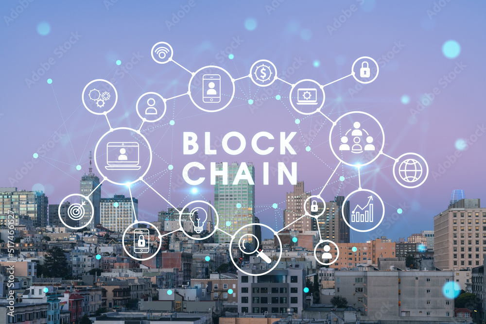 Obraz premium Panoramic cityscape view of San Francisco Nob hill area, sunset, midtown skyline, California, United States. Decentralized economy. Blockchain, cryptography and cryptocurrency concept, hologram