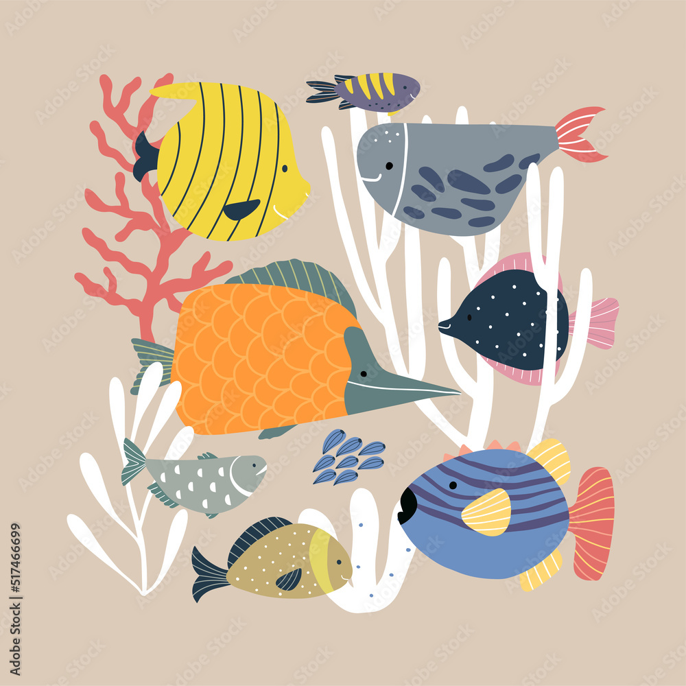 Fashionable print with fish and corals isolated on the background.  Hand-drawn illustration.