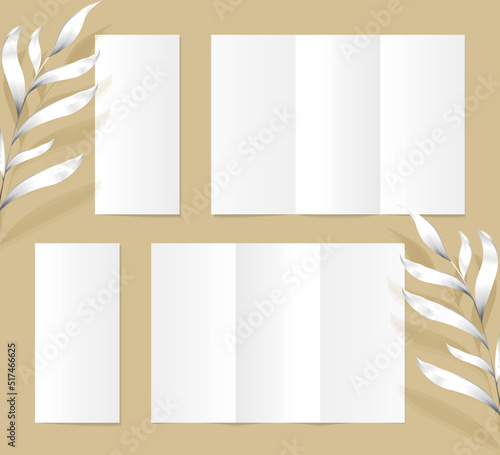 isolated realistic trifold standart leaflet with silver leaves on the sand color background editable mockup for layout presentation, empty page, set