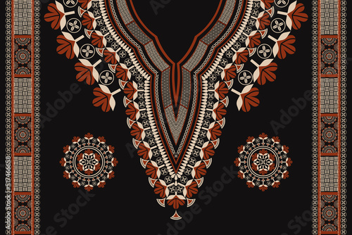 Vector ethnic red-gold color neckline flower embroidery pattern with decoration elements border on black background. African tribal art shirts fashion.