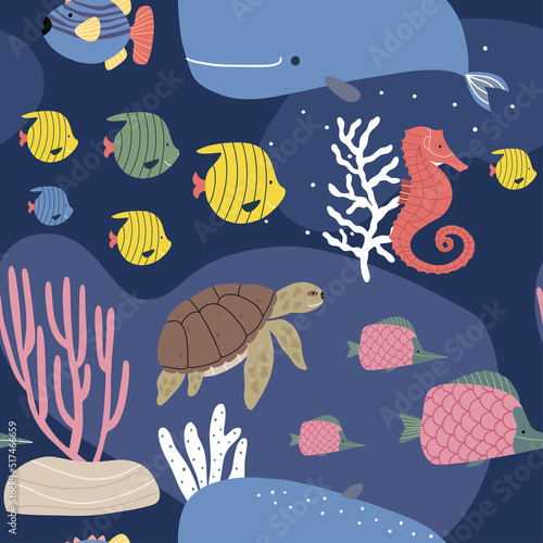 Marine seamless pattern. Vector background with sea inhabitants on a dark background. Hand-drawn illustration.