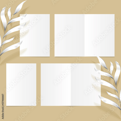 isolated realistic half-fold standart leaflet with silver leaves on the sand color background editable mockup for layout presentation, empty page, set